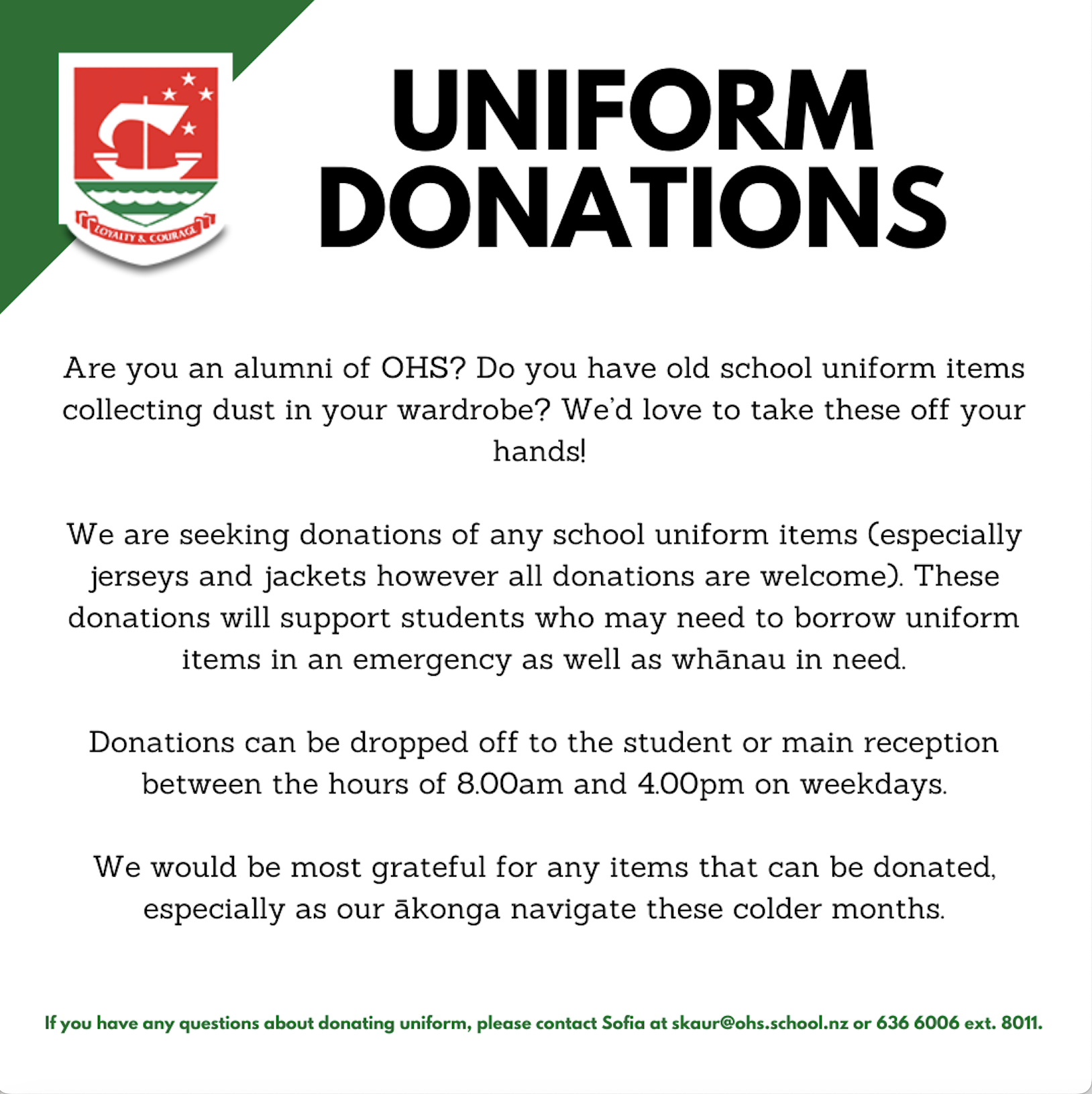 UNIFORM DONATIONS WELCOME