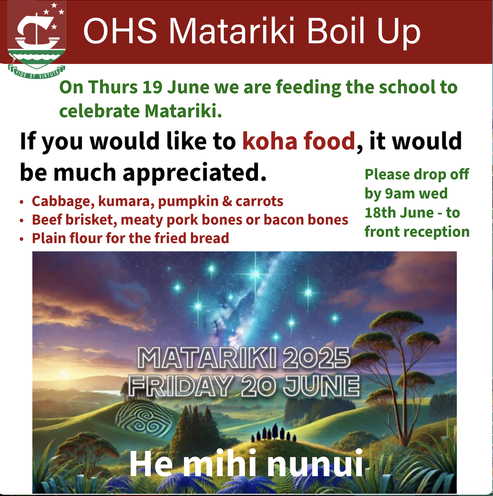 Koha welcome for next week's OHS Matariki Boil Up