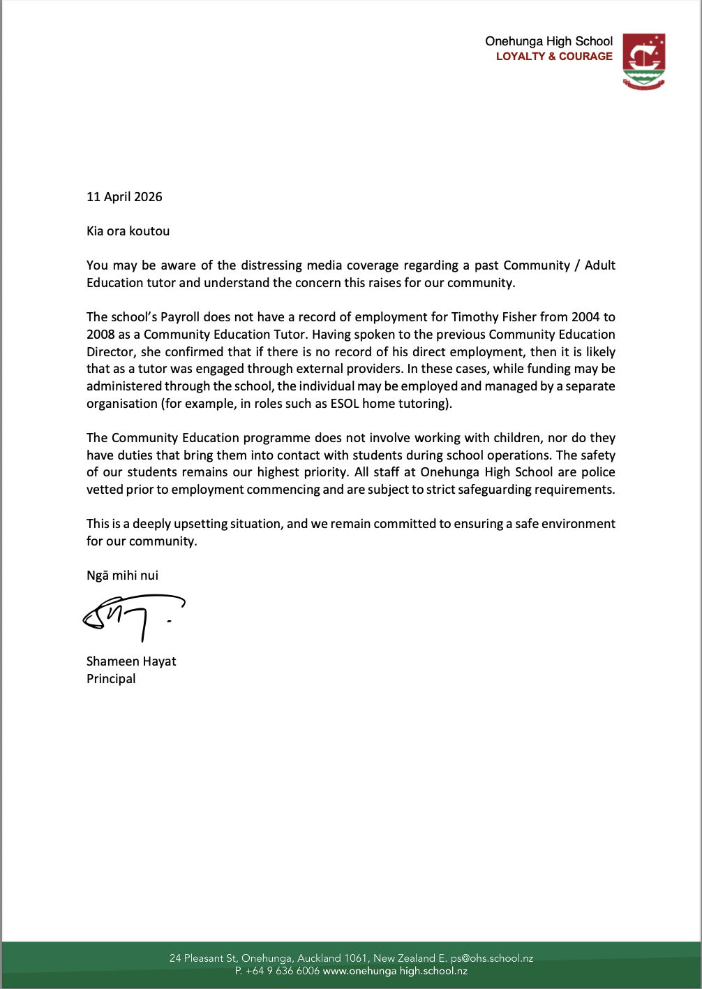 Communication from the School