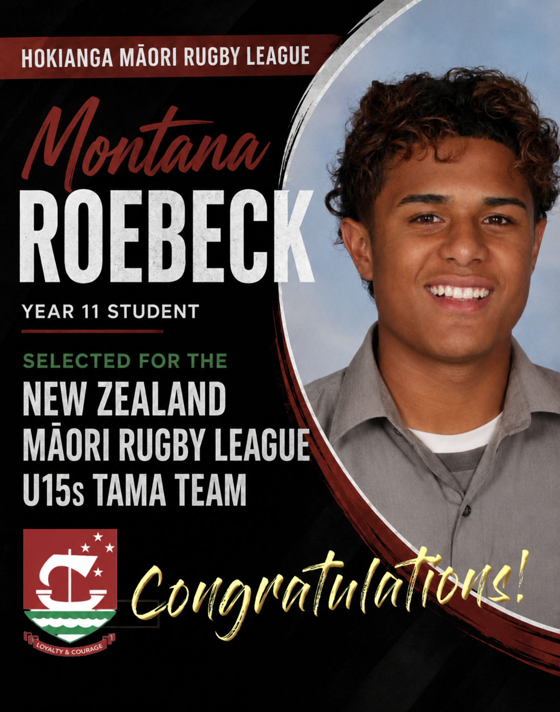 Montana Roebeck Selected for National Māori Rugby League Tournament