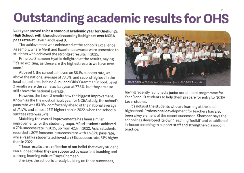 Onehunga News Celebrates Outstanding OHS NCEA Results